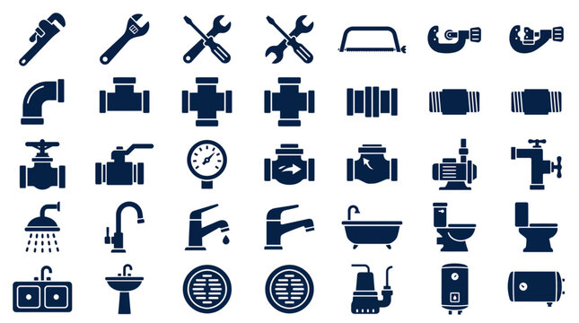 Large set of dark blue plumbing and sanitary equipment icons including wrenches, pipes, valves, faucets and toilets, providing professional plumbing services and maintenance solutions