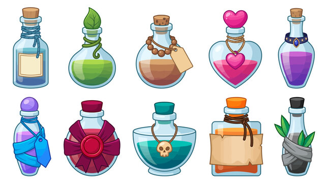 Collection of colorful fantasy magic potion glass bottles with various shapes and liquid colors on white background, representing roleplay game assets or mystical alchemical laboratories