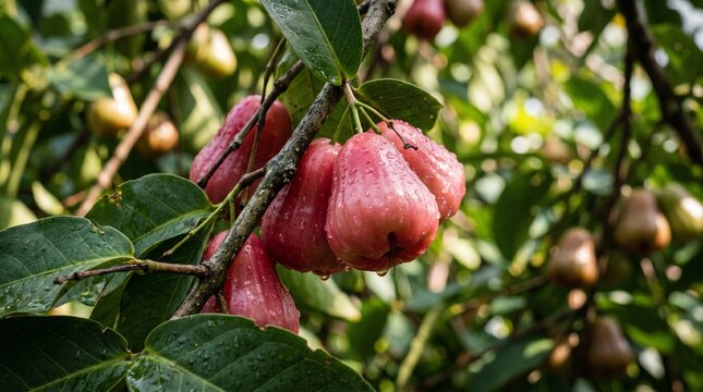 Fresh red wax apples with glistening dew drops hanging on a tropical tree branch in a lush garden