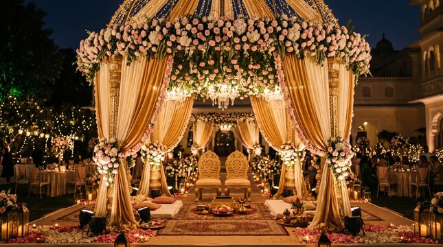 Luxurious Indian wedding mandap stage setup with floral decorations at night