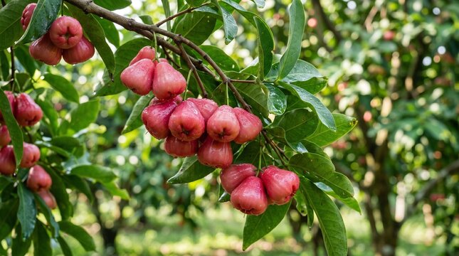 Fresh red wax apples hanging on a branch in an orchard