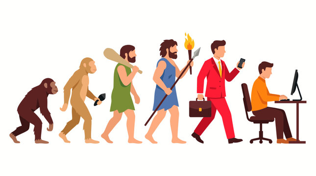 Human evolution theory illustration showing progression from ape to caveman to modern businessman and office worker sitting at a computer, symbolizing technological progress and career growth