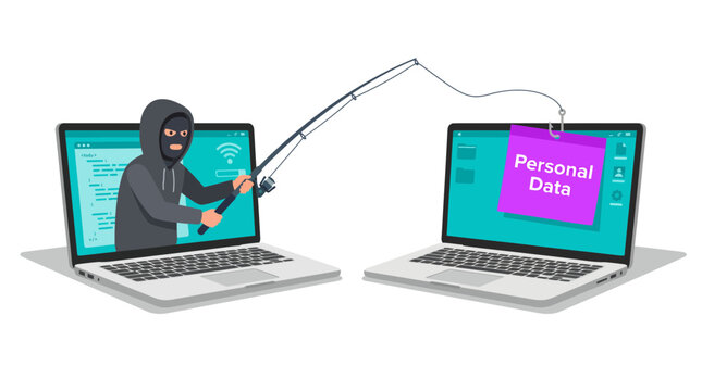 Cyber hacker in mask holding fishing rod to steal personal data from laptop screen on white background, symbolizing internet phishing scams and illustrating identity theft concepts