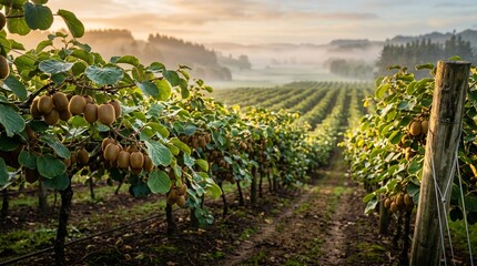 Lush kiwi fruit plantation in a misty valley during a golden sunrise morning with rows of ripening fruit