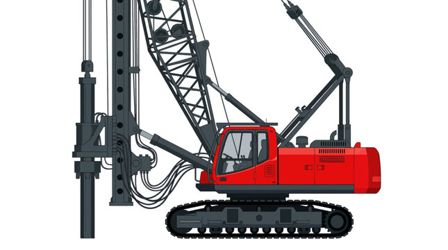 Red heavy-duty hydraulic crawler pile driving rig illustration isolated on white background, illustrating industrial foundation construction and provides equipment design solutions