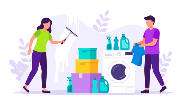 Couple cleaning glass window and laundry near washing machine with plastic detergent bottles and boxes, these activities bring domestic organization and symbolizing household tasks