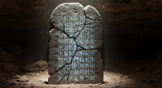 Ancient cracked stone tablet with glowing blue runes in a dark cave