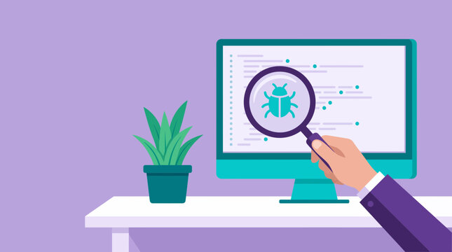 Illustration of a hand holding a magnifying glass over a monitor showing computer code and bug icon on a white desk, representing software debugging and illustrating quality assurance testing