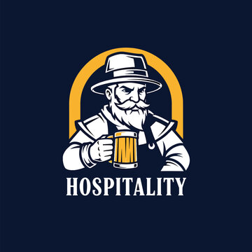 Vintage bearded bartender logo design with beer mug.