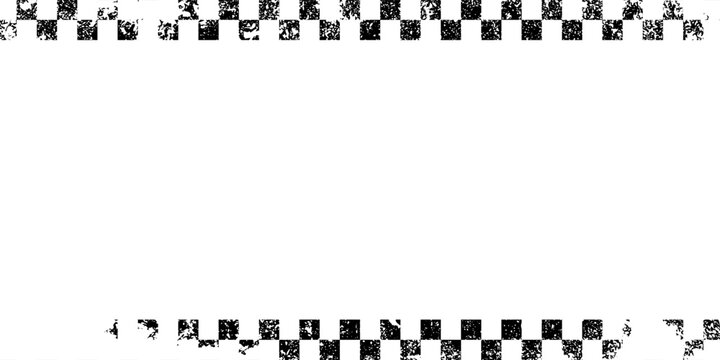 Grunge racing flag pattern with a distressed texture in black and white. Tire track with diagonal checkered design for motorsport themes, banners, graphics overlays. Abstract vector