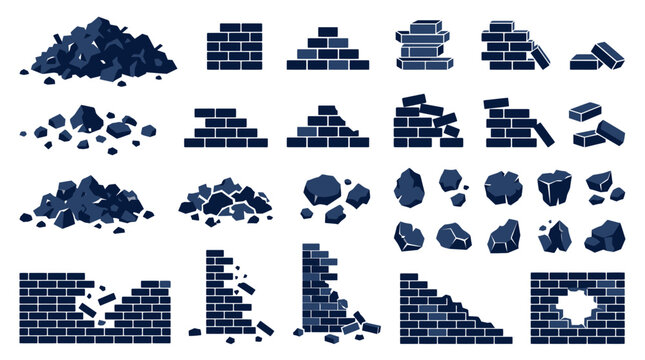 Vector silhouette icons of broken brick walls, piles of debris, stones and masonry ruins on white background, symbolizing urban demolition, illustrating structural failure concepts