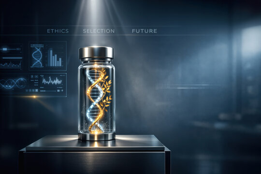 Glass vial with glowing DNA double helix entwined with golden family tree branch symbolizing genetics IVF bioethics selection future reproductive technology debate choice