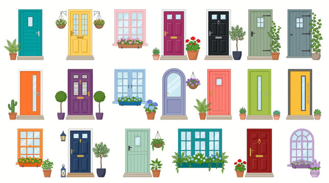 Set of various colorful front doors and windows with vibrant potted plants and flower boxes on white background, representing architectural design and symbolizing residential home decor