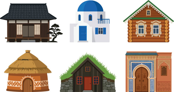 Traditional world architecture vector set featuring Japanese minka, Greek villa, Russian log cabin, African thatched hut, Icelandic turf house, and Moroccan building icons.