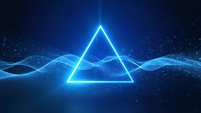 Glowing blue triangle with wavy lines and particles on dark background