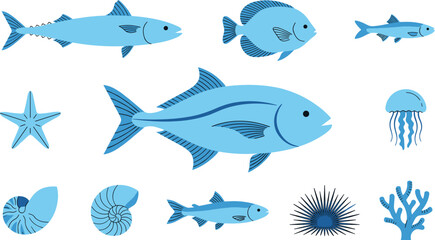 Blue marine life vector set featuring various sea fish starfish jellyfish coral reef shells and a sea urchin icon © tofajjol studio