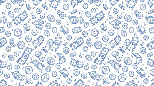 Seamless hand drawn doodle pattern featuring various blue banknotes and coins on a white background, illustrating financial growth and providing a professional background for business concepts