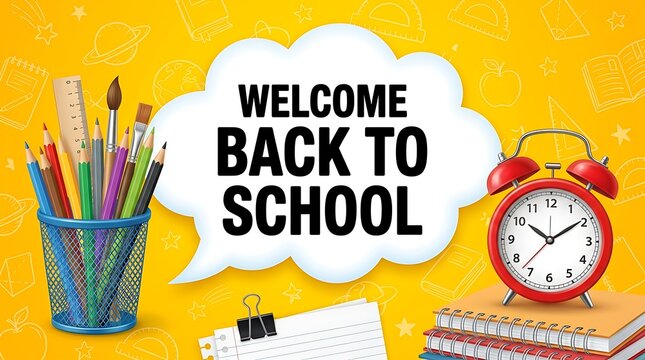 Welcome back to school message in speech bubble with school supplies and alarm clock education learning classroom supplies stationery background academic knowledge