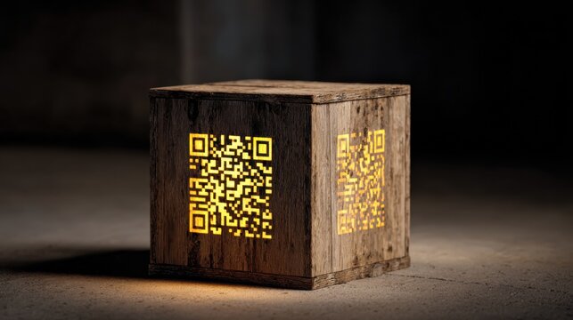 A wooden cube with illuminated QR codes on its sides, standing in a dimly lit environment