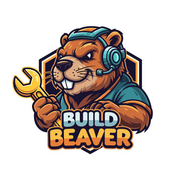 Cartoon mascot logo of a determined beaver builder holding a wrench.