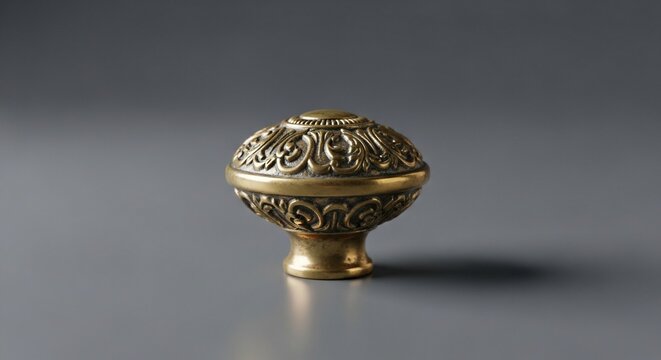 Ornate golden knob on gray background isolated product shot with detail