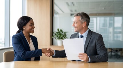 Fototapeta premium Smiling business professionals shaking hands across a table after a successful job interview in a modern corporate office
