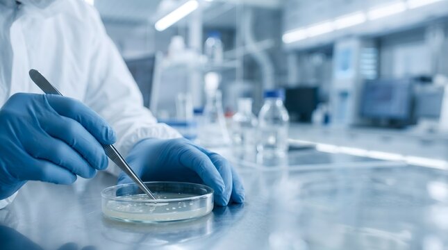 Chemist in a protective hazmat suit using tweezers to place a sample onto a petri dish in a sterile laboratory