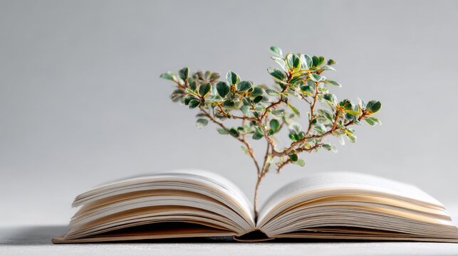 A small tree growing out of an open book, symbolizing knowledge and growth
