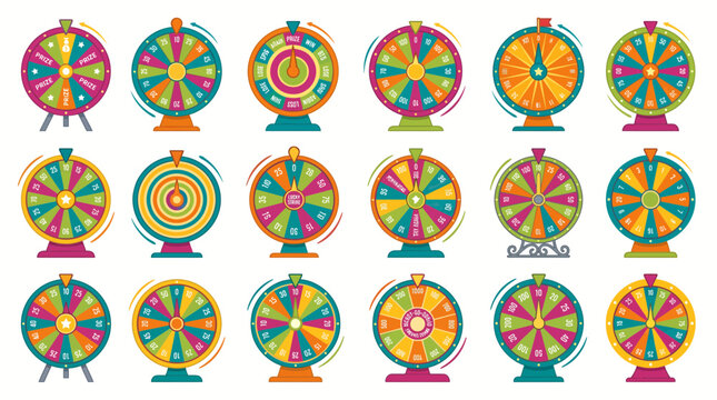Collection of colorful fortune wheel spin sets with various designs and prize numbers on white background, representing gambling marketing concepts and illustrating lottery win events