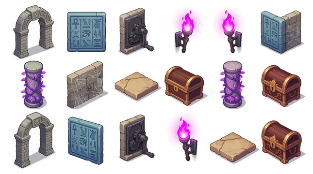 Isometric game assets collection featuring ancient stone archways, hieroglyphic tablets, magical torches and treasure chests, provides resources for fantasy RPG level design and mobile gaming