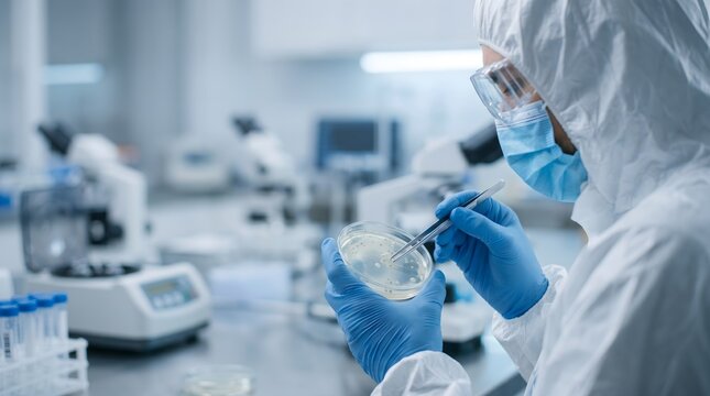 Scientist in protective coverall examining petri dish sample inside modern laboratory