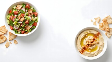 Middle Eastern fattoush salad with hummus pita chips vegetables and copy space
