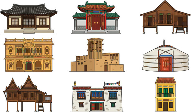 Traditional world architecture vector set featuring Asian houses, Korean hanok, Chinese temple, Malaysian stilt house, Mongolian yurt, Arabic wind tower, and Indian haveli building icons.