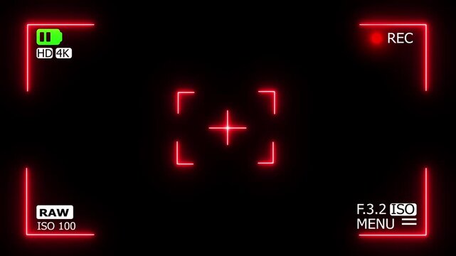 Red Neon Camera Viewfinder Recording Overlay with HUD Display, 4K HD RAW, REC Indicator on Black Background,video production, motion graphics, film overlay, broadcast overlay, screen overlay, live str