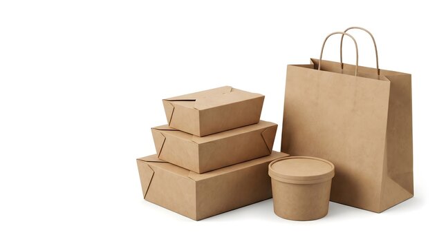Stack of blank kraft paper takeaway food containers with a soup bowl and paper shopping bag on a white background