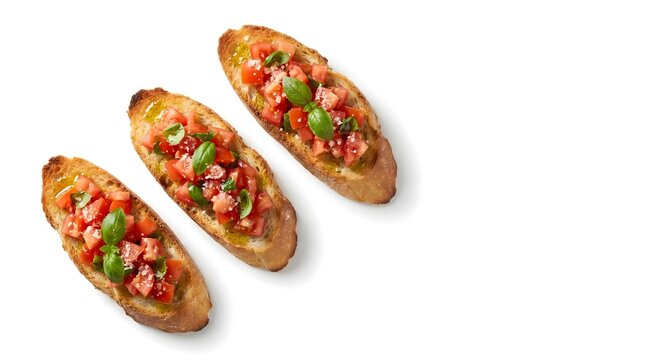 Three traditional Italian tomato and basil bruschetta appetizers on toasted bread isolated on white background