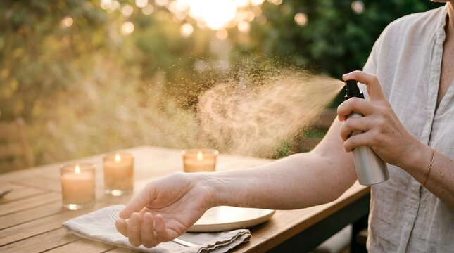 Person spraying mosquito repellent mist onto their arm while sitting outdoors at a garden table at sunset