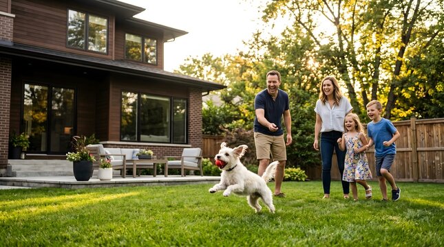 Joyful family playing outside with their excited dog chasing a red ball in the backyard