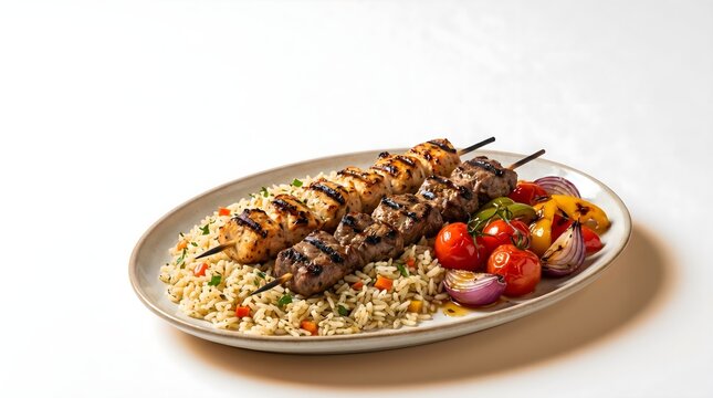 Plate of grilled chicken and beef kebab skewers served over rice with roasted vegetables on white background
