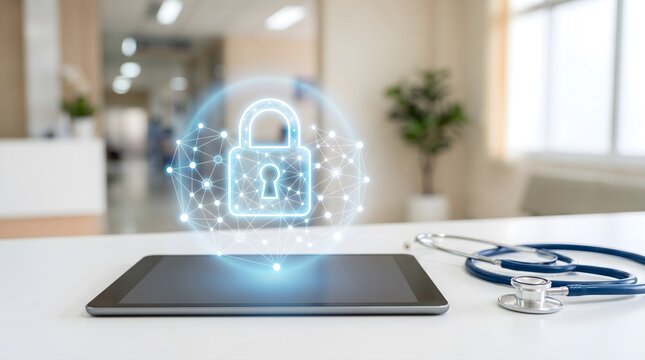 Digital tablet and stethoscope on a white clinic desk with a glowing blue padlock and network hologram overhead