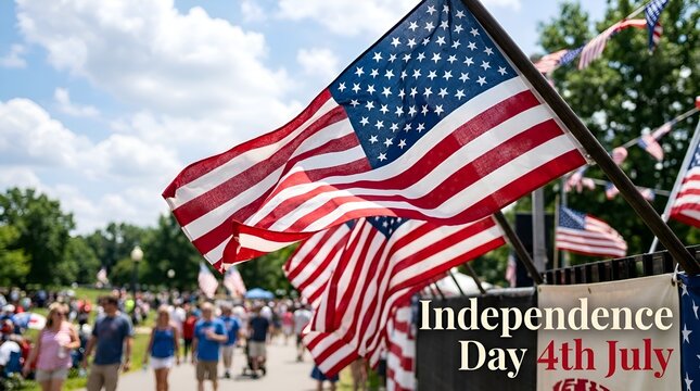 American flags waving in breeze at outdoor July 4th celebration, people walking