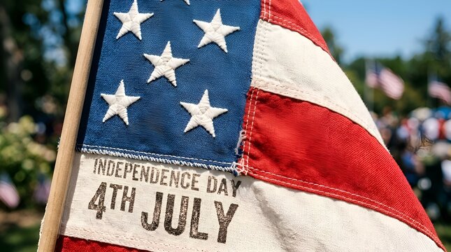 Close-up of American flag with "Independence Day 4th July" text, blurred background of celebration