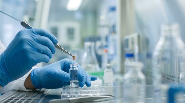 Close up of scientist hands in blue gloves using tweezers to place a sample into a glass vial in a sterile laboratory