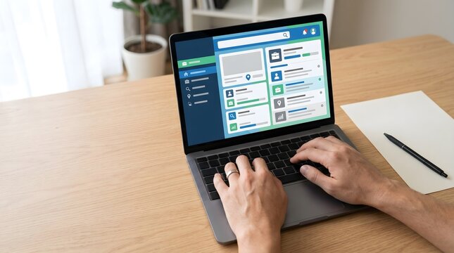 Close up of hands typing on a laptop computer displaying an online job search platform interface on a wooden desk