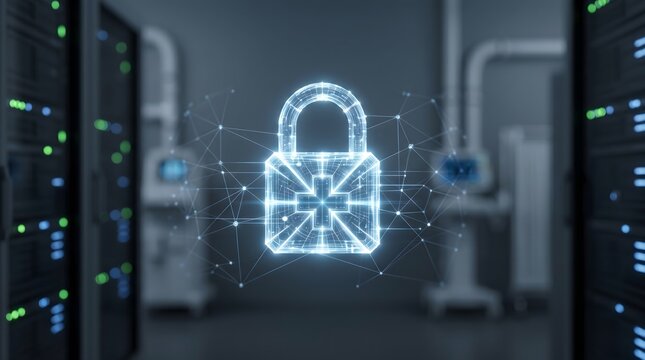 Glowing digital padlock and security hologram overlaying a medical data center server rack for healthcare cybersecurity