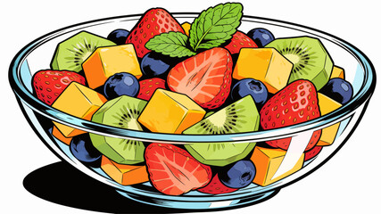 Colorful illustration of refreshing fruit salad, with fresh strawberries, blueberries, kiwi, and mango cubes in a clear glass bowl, garnished with a mint leaf © MuhammadHaris