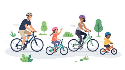 Naklejka premium Happy family cycling together in park, active lifestyle, vector illustration
