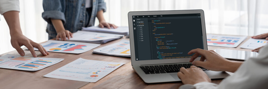 Software development programming on computer screen for brisk application and program coding