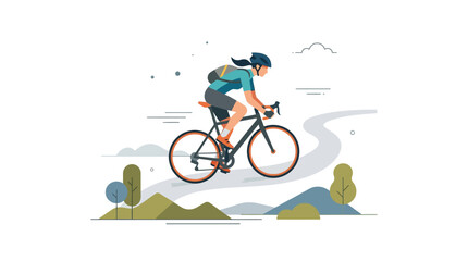 Fototapeta premium Illustration of a woman riding a bicycle on a road against white background