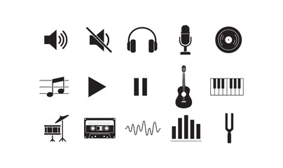Music production and audio playback icons set featuring instruments volume controls and notes art. © Creative_Aminur